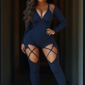 Deep V Neck Cold Shoulder Hollow Out Bodycon Jumpsuit